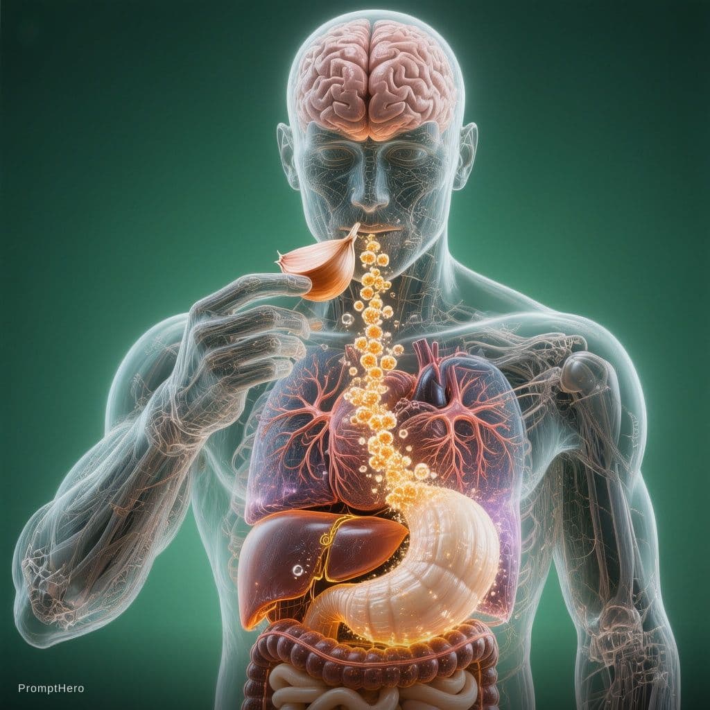 AI generated: Highly detailed 3D anatomical render of a transparent full 
human torso holding a single raw garlic ...