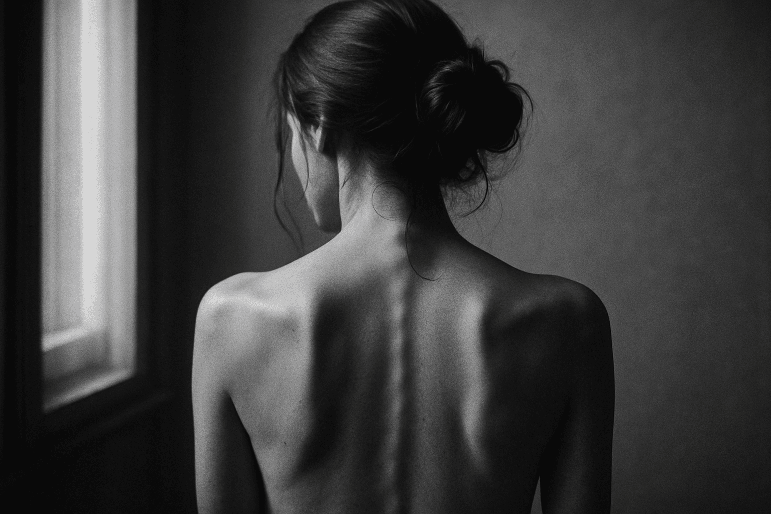 AI generated: A black-and-white cinematic close-up of a woman seen from behind, her bare back softly illuminated b...