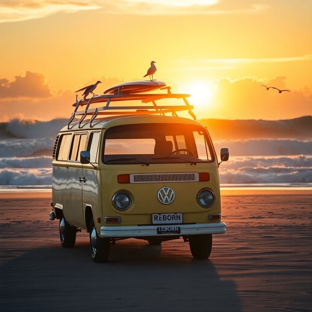 AI generated: A vw classic samba T-1  bus on a golden sunset beach with ethereal light in the sky just before suns...
