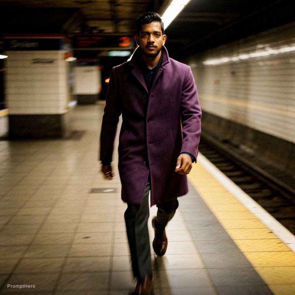 AI generated: fashion editorial photography, motion blur, male model, wearing an wool coat, deep purple color, wal...