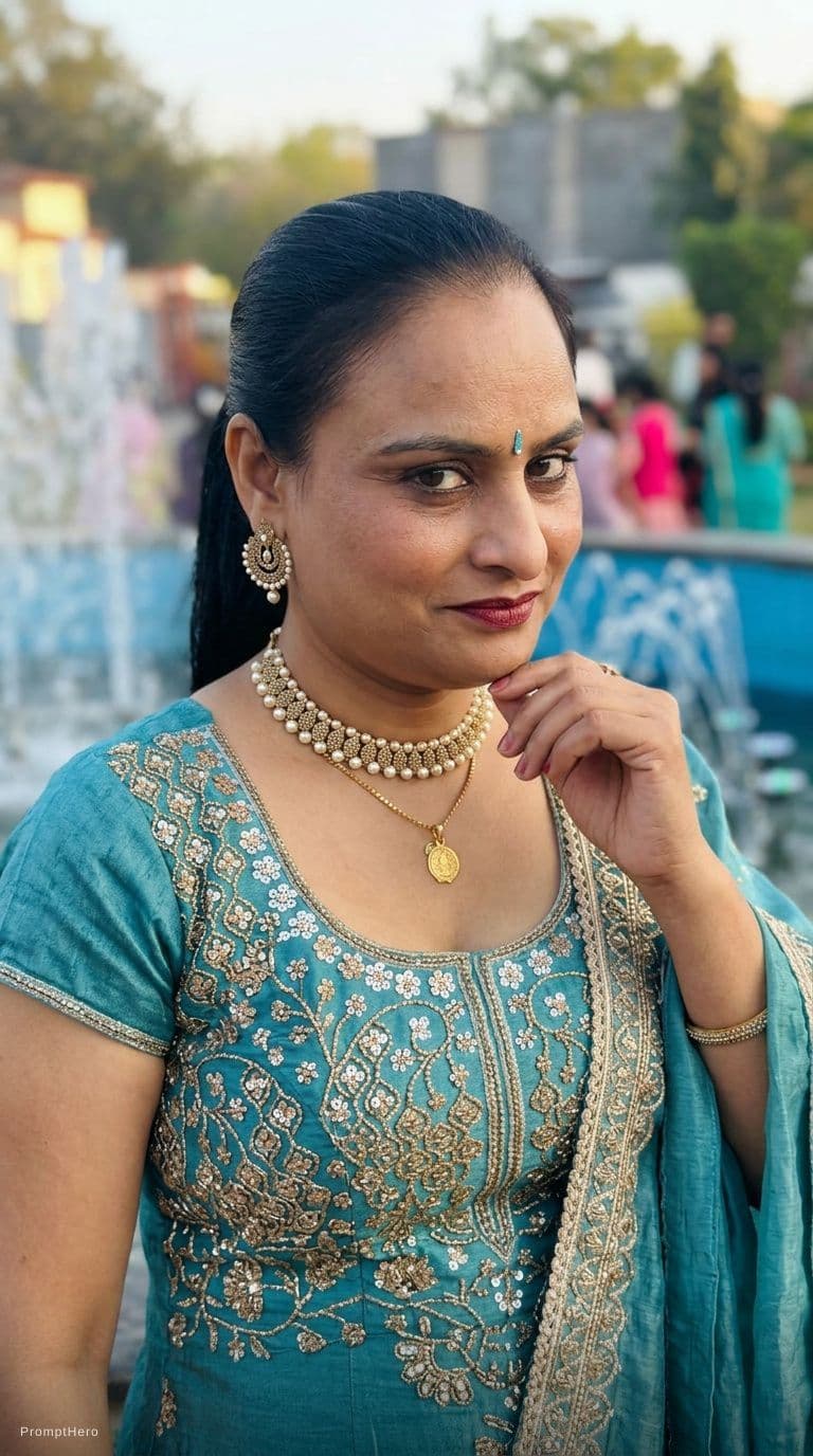 AI generated: Standing teasing, ponytail hairstyle, wearing same décolleté saree dress, looking seductive, front v...