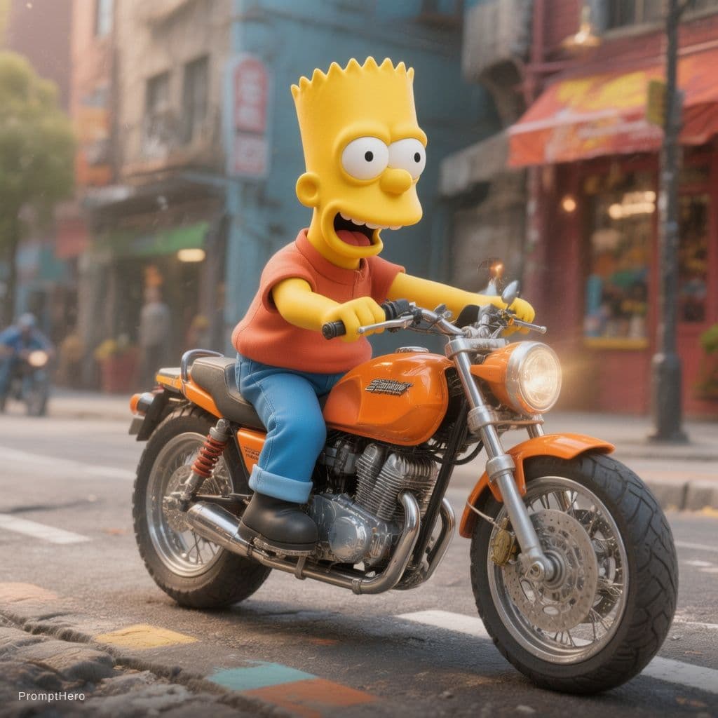 AI generated: bart simpson 3d remera verde 3d en motocicleta naranja 3d
