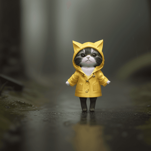 AI generated: tiny cute (happy1.4) cat in a (yellow raincoat1.3) in the woods, rain, a character portrait, Tilt-sh...