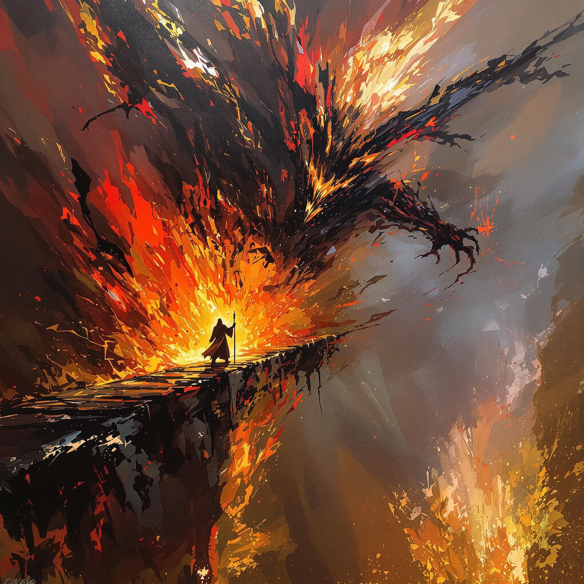 AI generated: An abstract painting of the epic battle between Gandalf and the Balrog on the Bridge of Khazad-dûm. ...