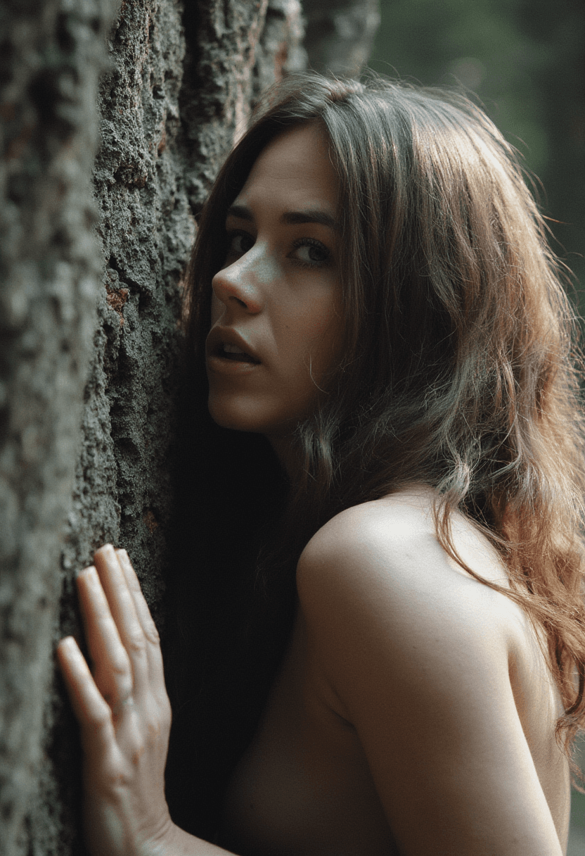 AI generated: Create a high-resolution, photorealistic image of a fit, topless adult woman leaning against a textu...