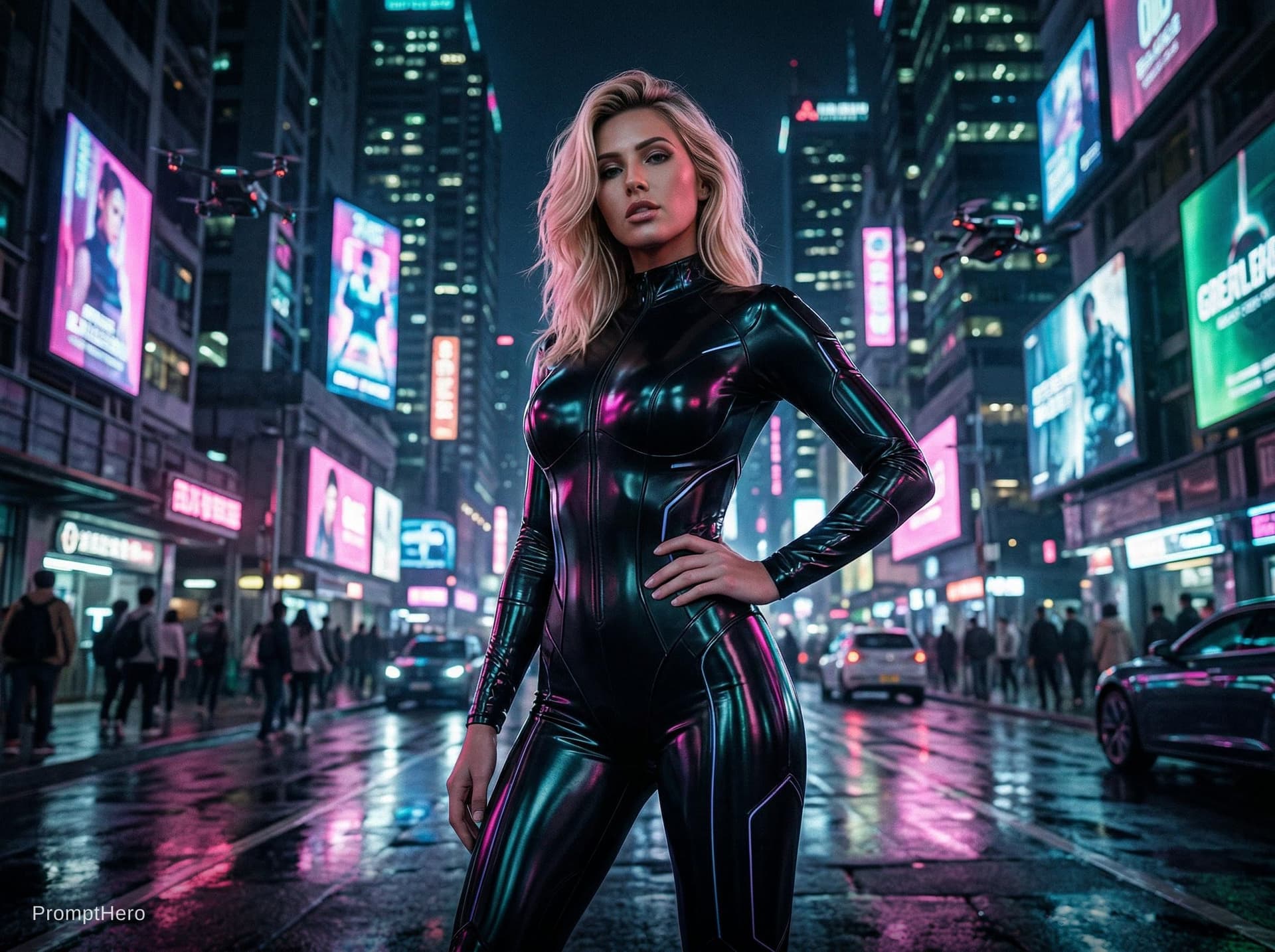 AI generated: Create a hyper-detailed, cinematic scene featuring a futuristic model wearing a sleek, form‑fitting ...