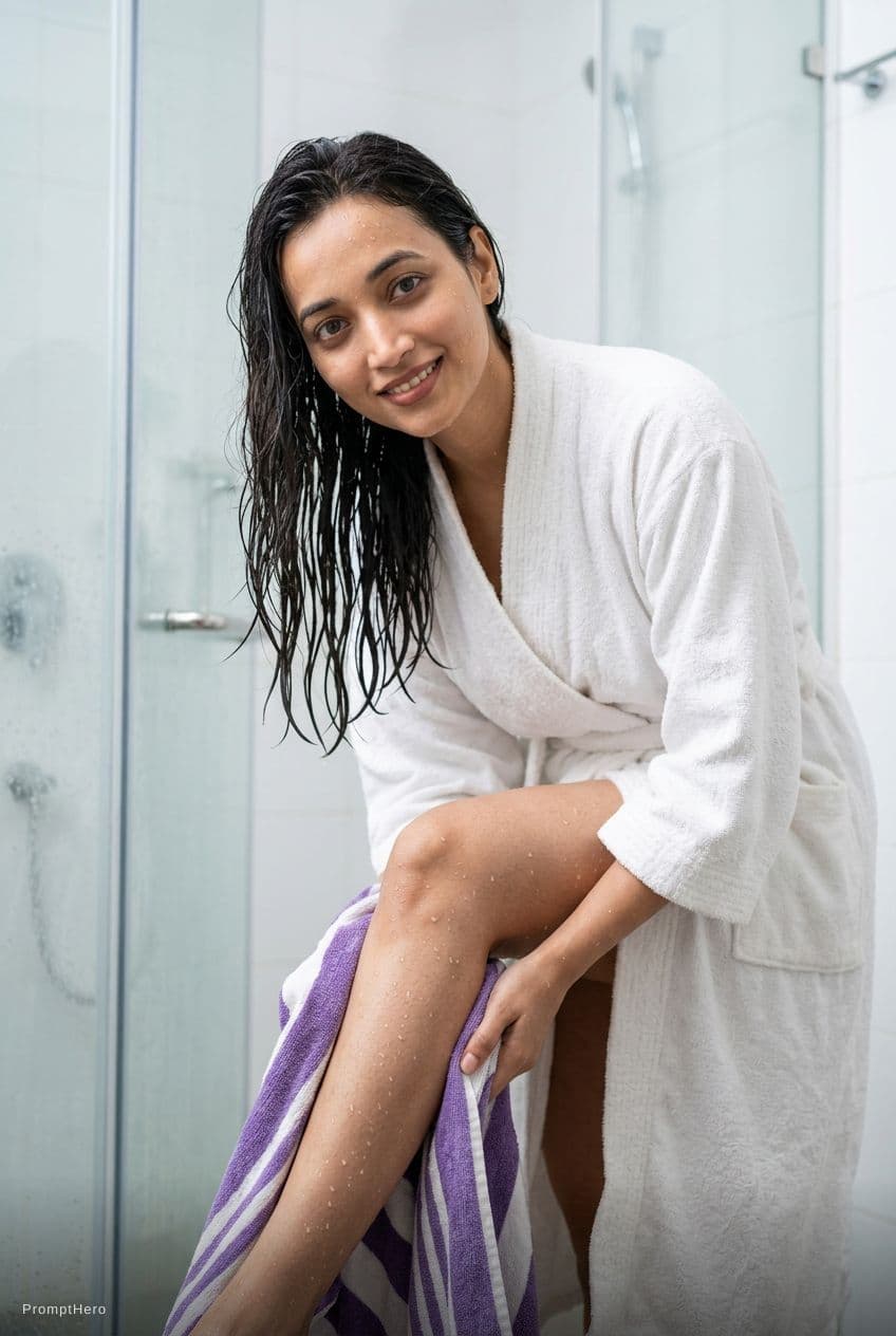 AI generated: A 8K masterpiece, ultra-detailed image of the uploaded woman with wet hair after coming out of the s...