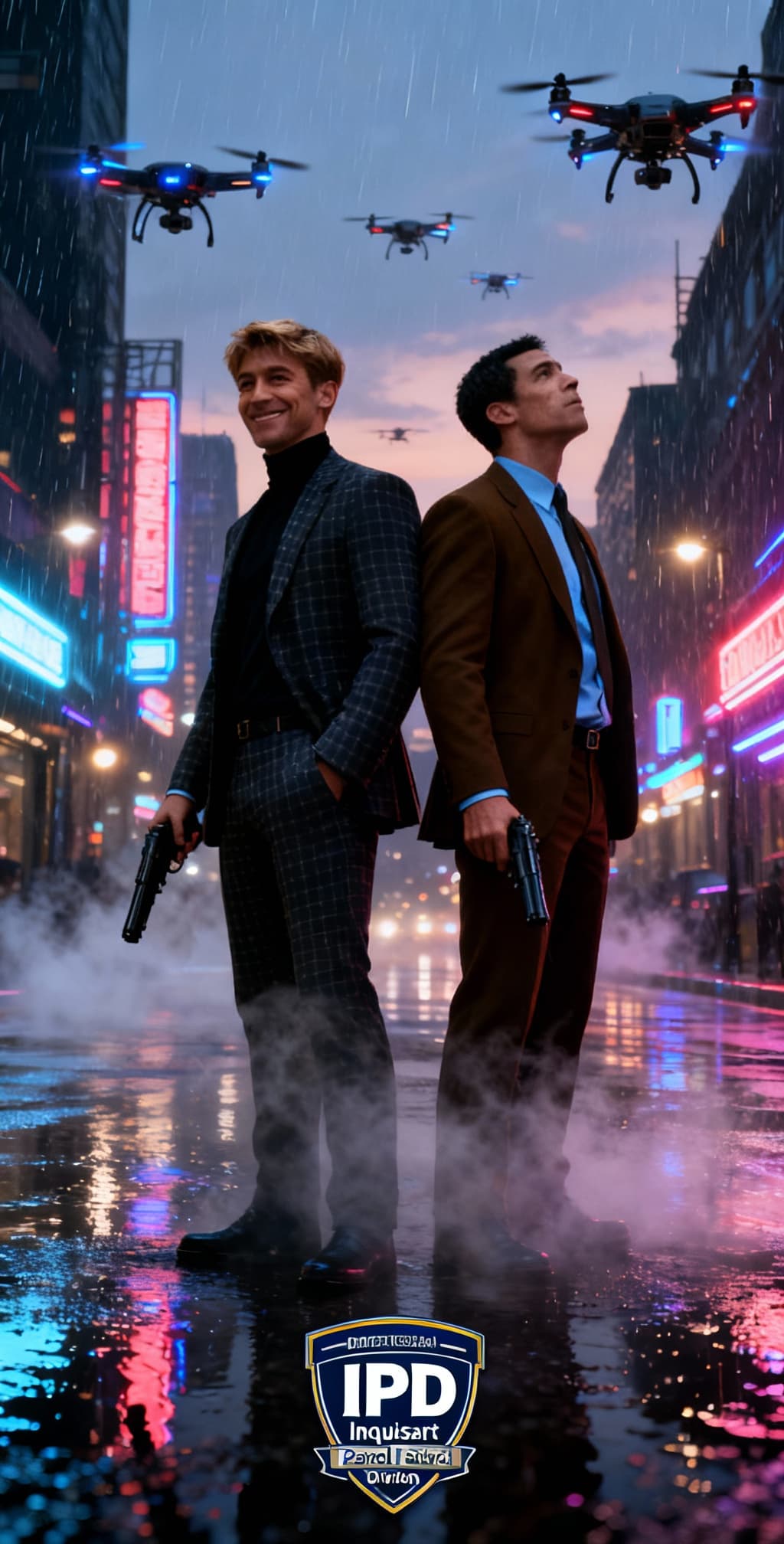 AI generated: Detectives Gardner, character one, and Briskal, character two. Two futuristic detectives stand back ...