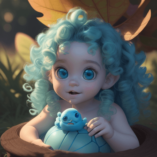 AI generated: A still from a 3d Disney movie of a very cute little baby monster with light blue and green curly wa...