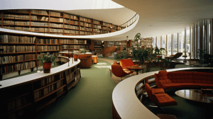AI generated: Oscar Niemeyer, library with modernist design and curved walls and open layout, photographed by Bere...