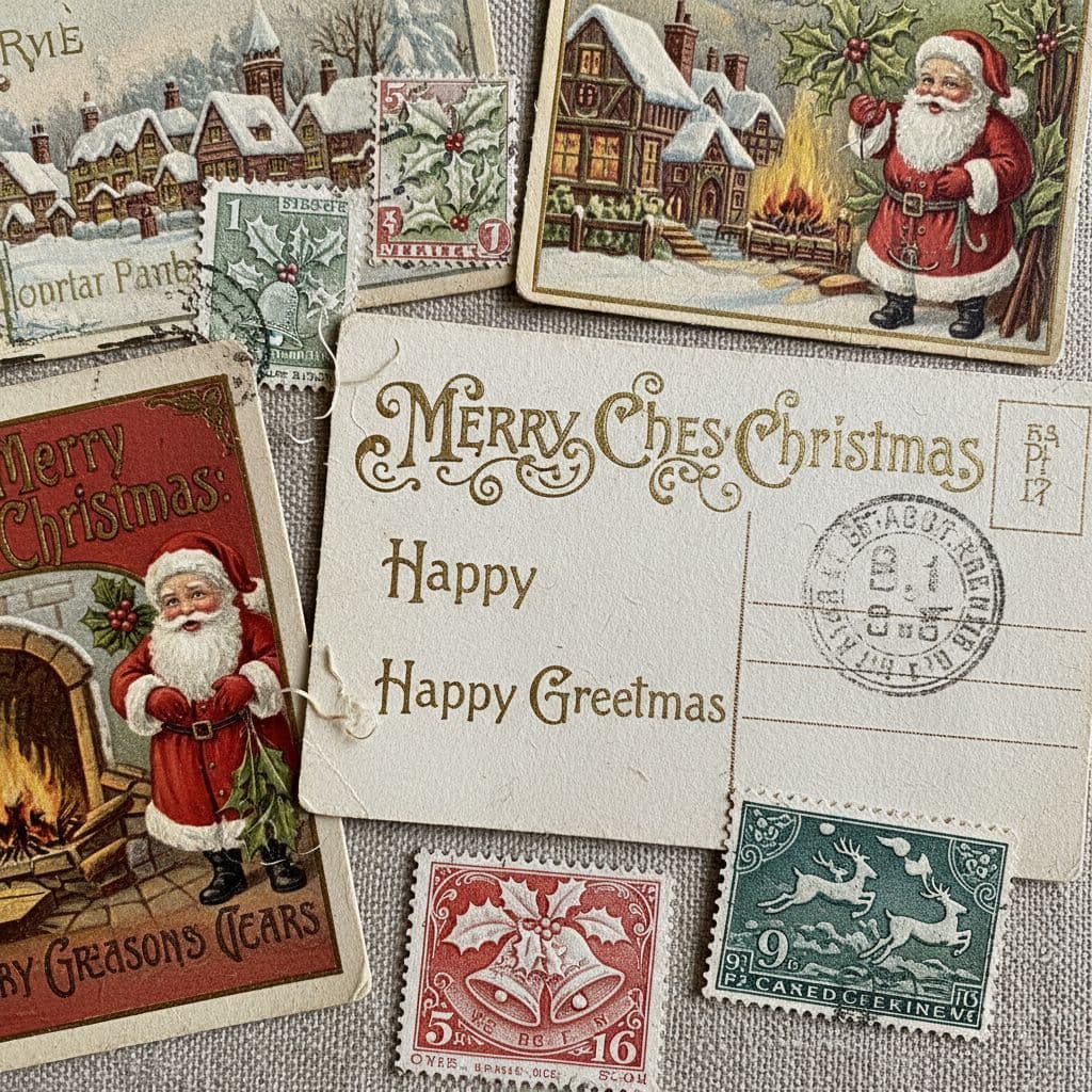 AI generated: "Vintage holiday postcards and stamps, macro flat-lay, 3D paper textures"