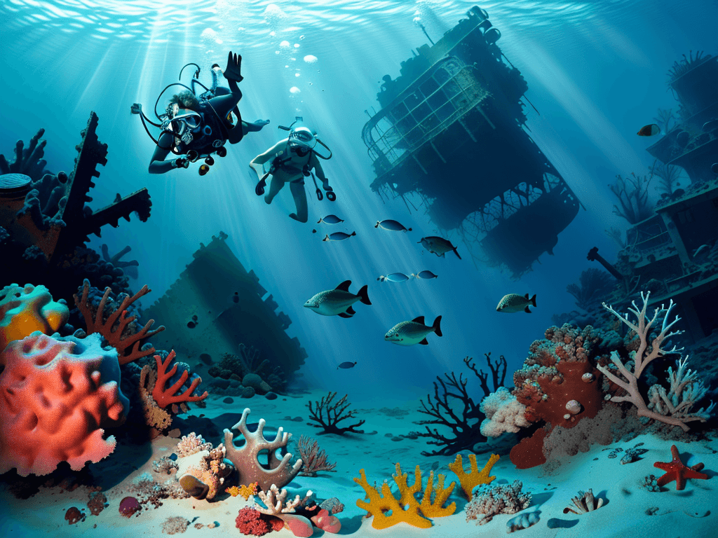 AI generated: Diving photo of caribbean sea, old wreck on the sand, green turtle, flashy fishes, corals, sponge, d...