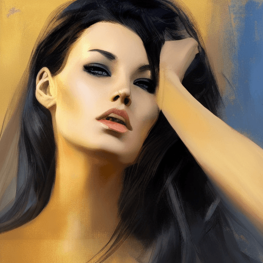 AI generated: a woman with long black hair in a gold painting, in the style of charlie bowater, dark blue and dark...