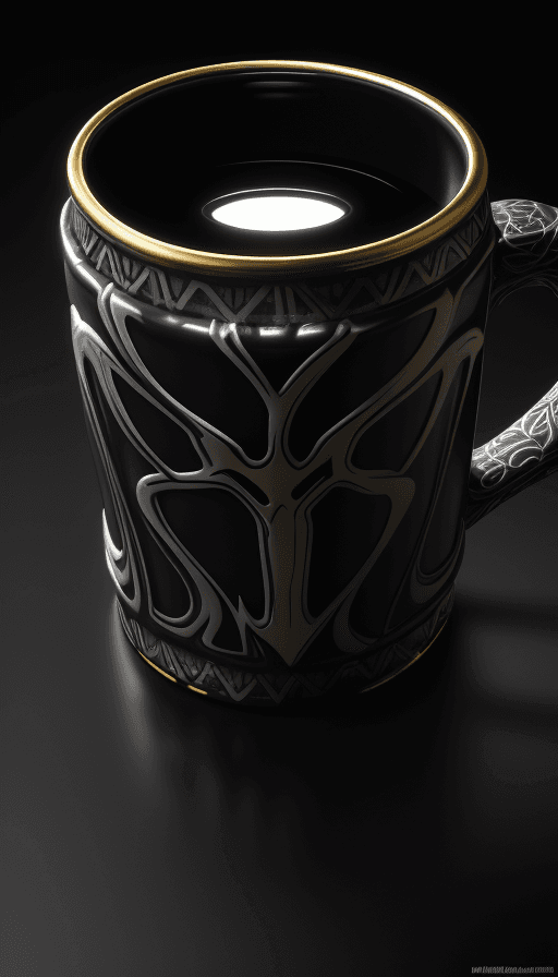 AI generated: Mug on the table with the design and character of Venom The Mug is gold and Black dark, no watermark...