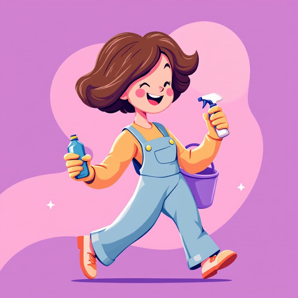 AI generated: A modern, flat-style digital illustration of a dynamic character in motion, holding cleaning product...