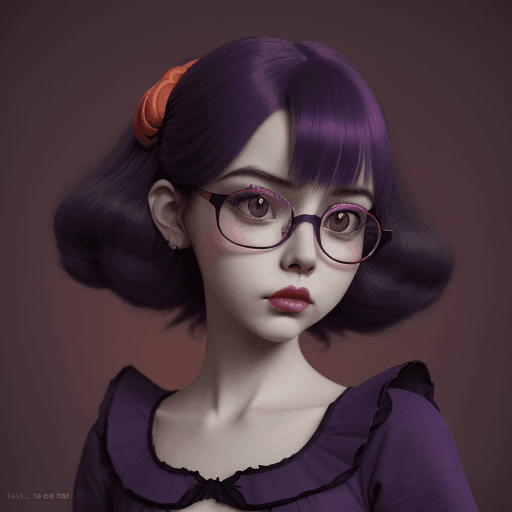 AI generated: cartoon girl with glasses, purple, in the style of natalie shau, dark orange and red, junya watanabe...