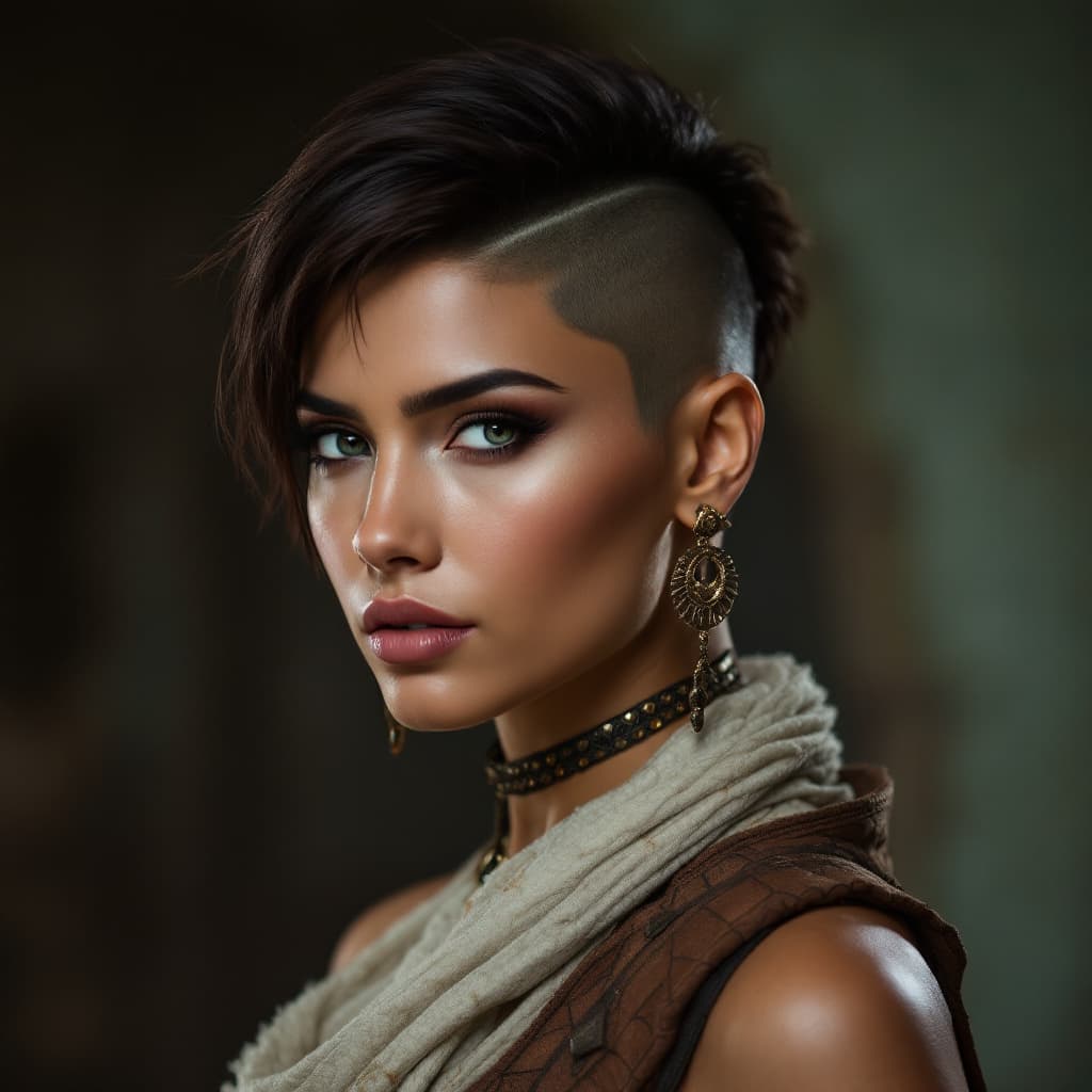 AI generated: indian warrior woman with shaved undercut hairstyle with short top swept back
