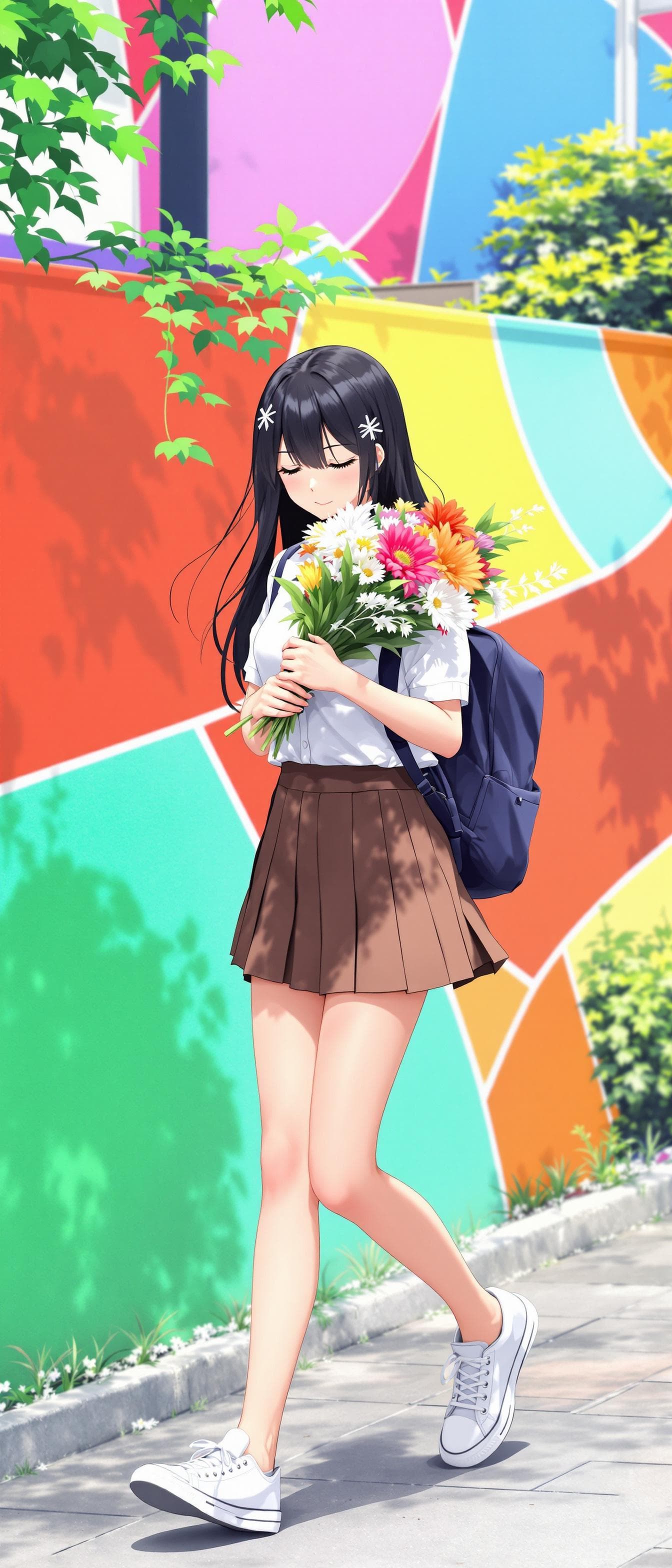 AI generated: In the image, ((full body:1.4)), a anime realistic is seen walking outdoors, Lowering the face to th...