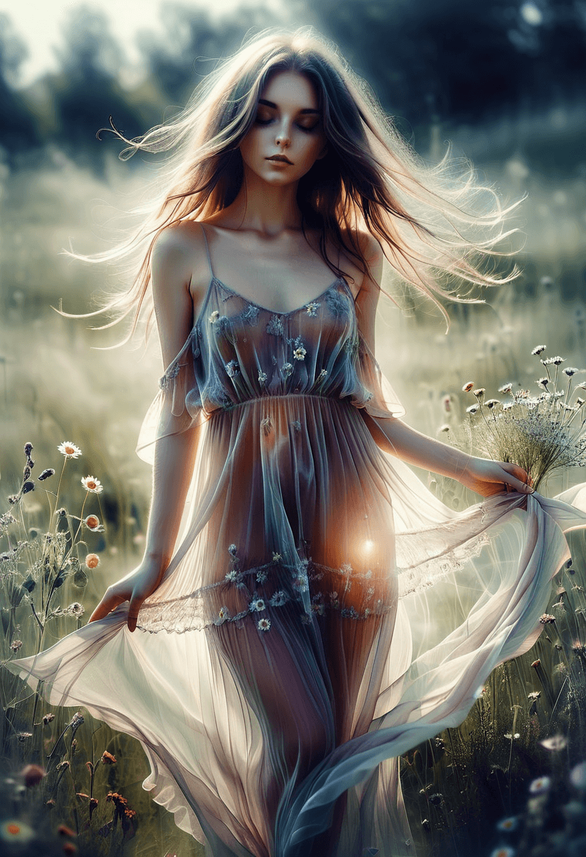 AI generated: dreamscape, bright sunny day, woman, sensual, sexy, long hair, brunette hair, wavy hair, simple dres...