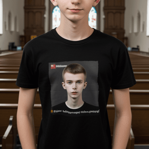 AI generated: 19 year old polish boy, starting with university, shy, very skinny, black t-shirt with colorful logo...