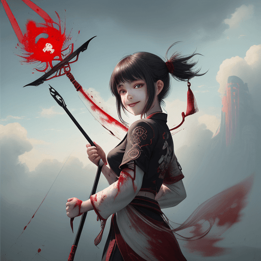 AI generated: 1girl, blood on face, smile, <lora:nezha_20230529030816:0.75>, holding spear, (flying), chinese myth...