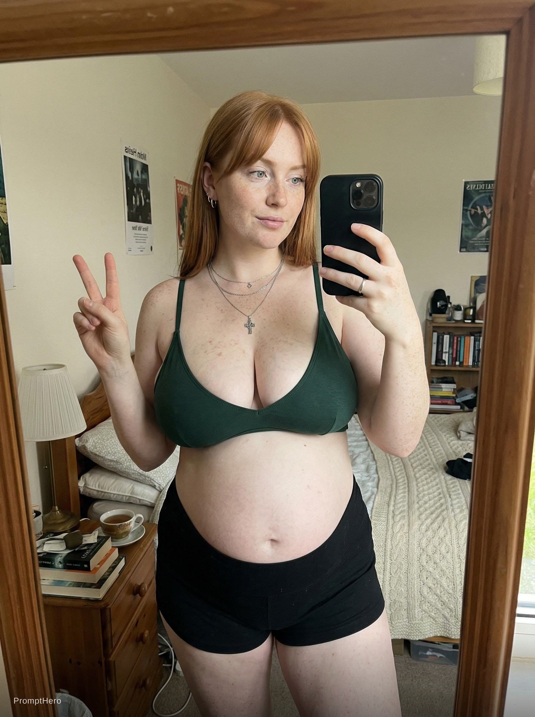 AI generated: 23-year-old Irish, 9 months pregnant with twins, woman with clearly Irish heritage. Naturally curvy ...