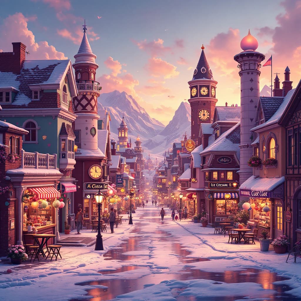 AI generated: a city  made of ice cream
, it is late afternoon.