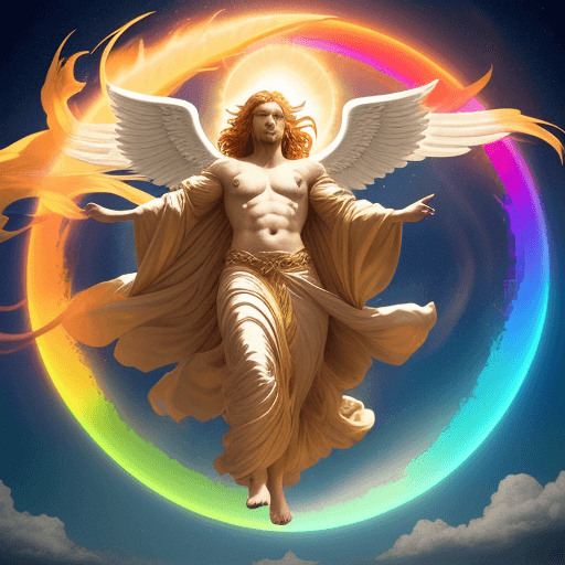 AI generated: A strong, bright angelic figure with intense fiery eyes and flowing robes that touch the ground. His...