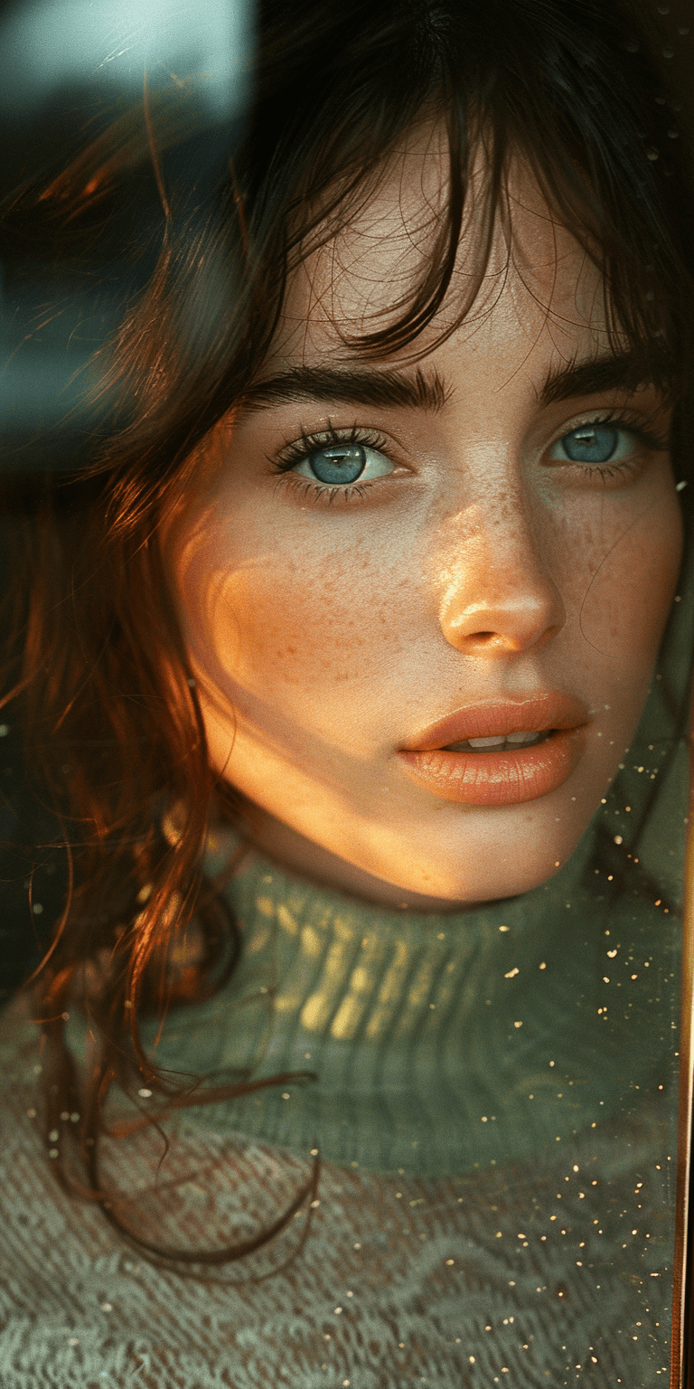 AI generated: Close-up portrait of a woman, her face lit by the soft glow from outside the window, her eyes reflec...