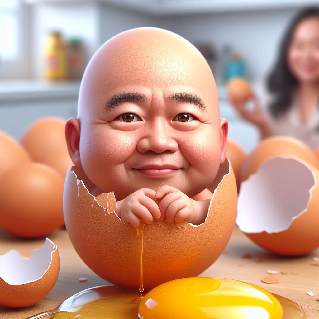 AI generated: Realistic-caricature of a big-headed baby with the face of an Indonesian adult man emerging from a n...