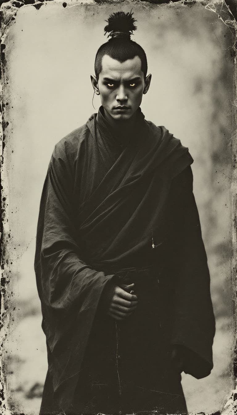 AI generated: Shaolin Saint, old polaroid photo, medieval, sad mood, b&w