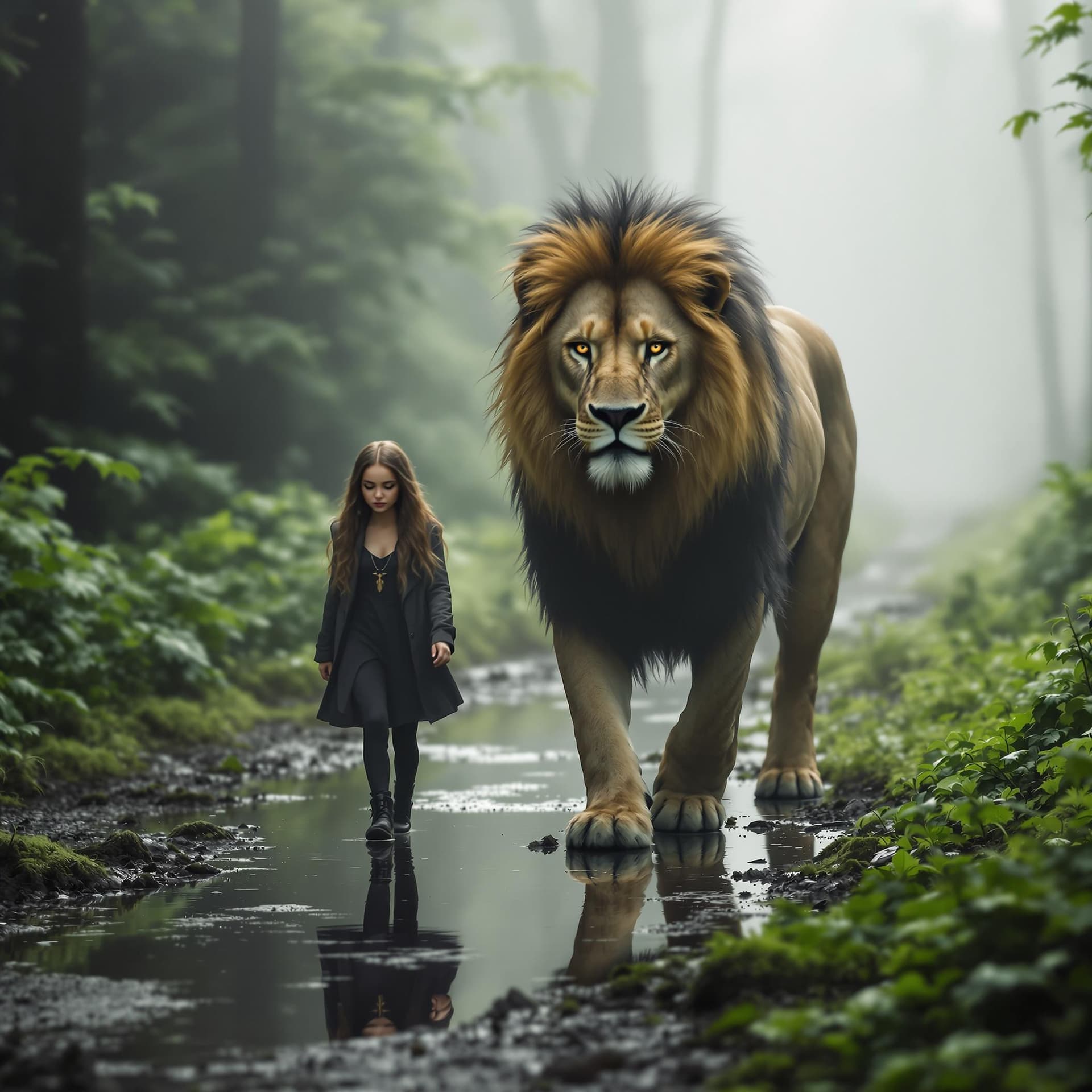 AI generated: The lion walks beside her, its mane full and eyes piercing. They are walking on a misty forest path ...
