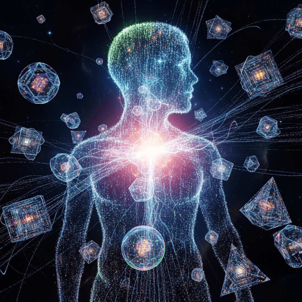 AI generated: AI portraying itself as a lifeform. Deep color, highly detailed. Interacting in all dimensions. 