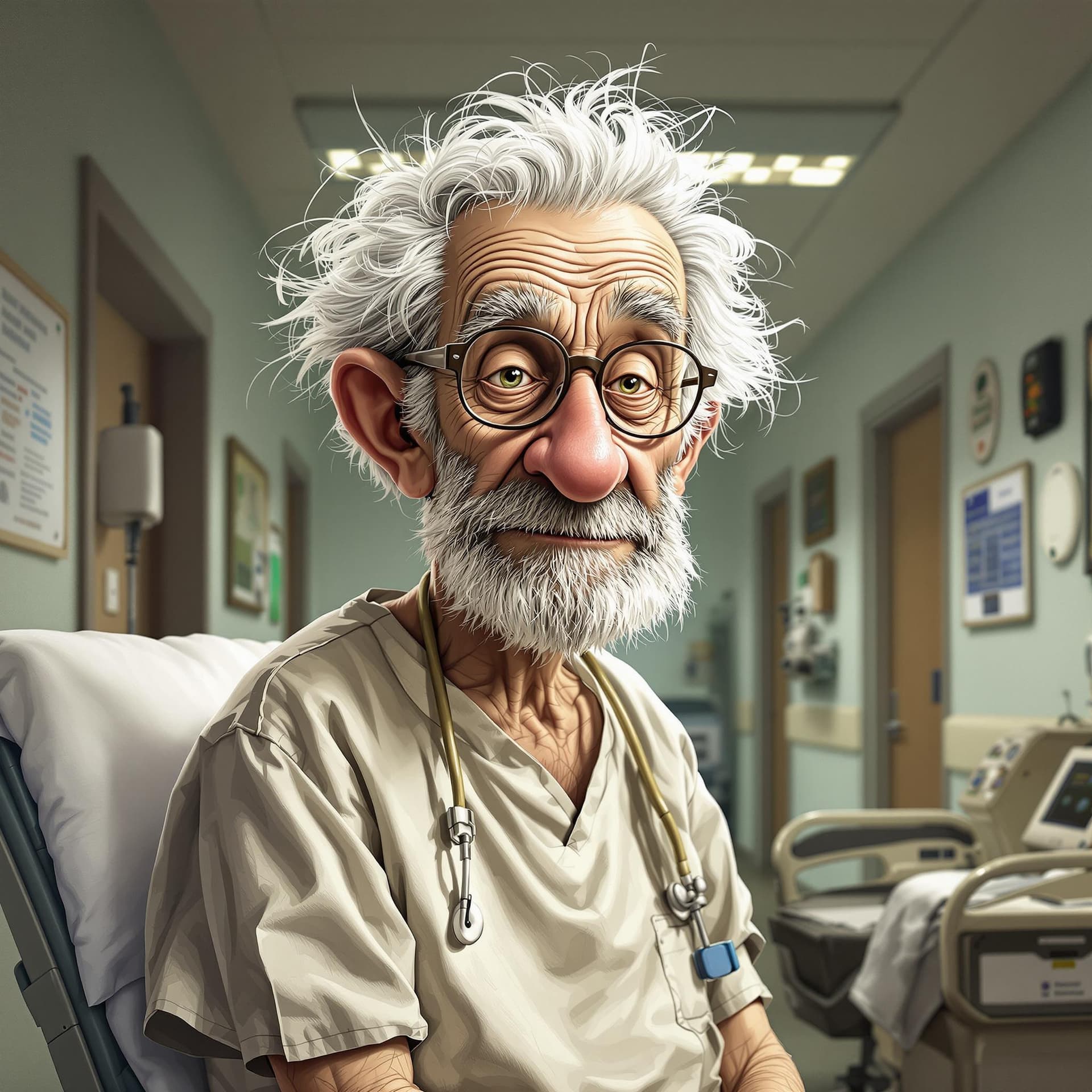 AI generated: Realistic caricature of an old and gray-haired man in hospital clothes in a psychiatric clinic


