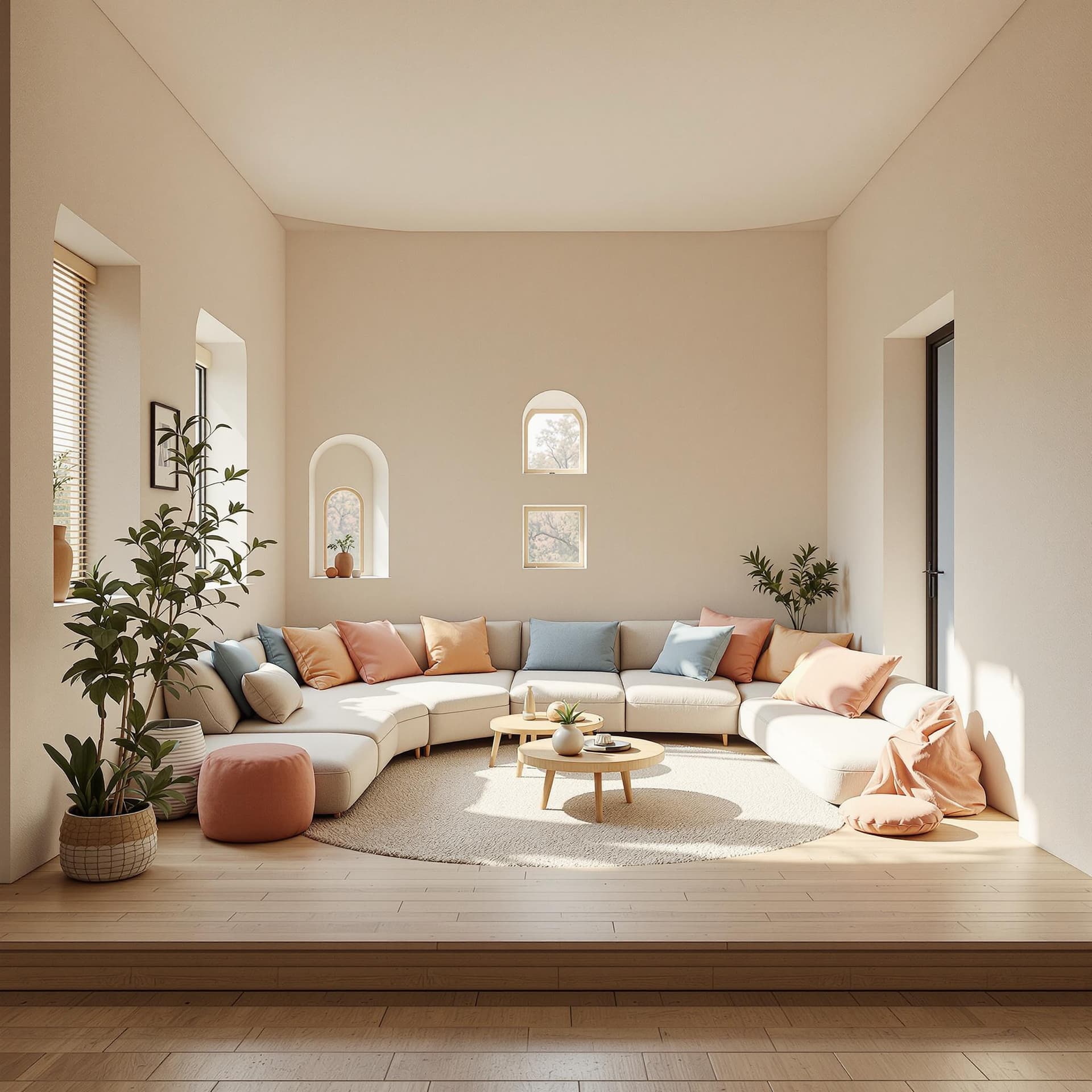 AI generated: High resolution photography interior design, dreamy sunken living room conversation pit, wooden floo...