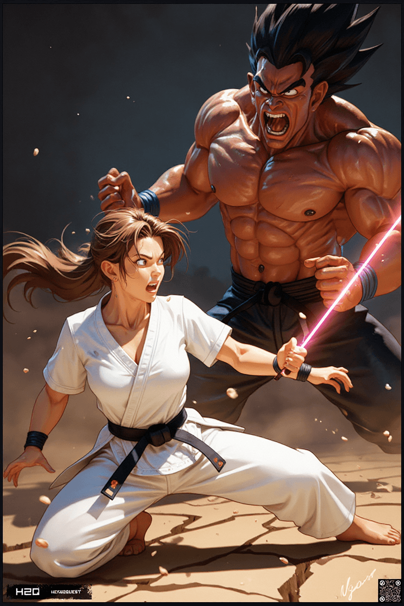 AI generated: An ultra-detailed, high-energy action scene of a fierce girl with brown hair in a white karate gi an...