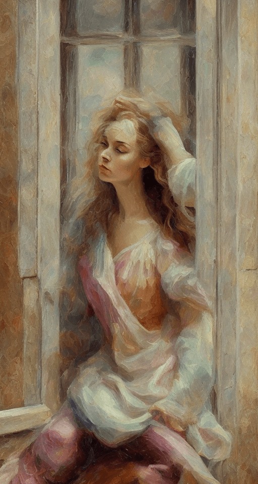 AI generated: a painting of a woman sitting near a window, in the style of beautiful women, playfully intricate, h...