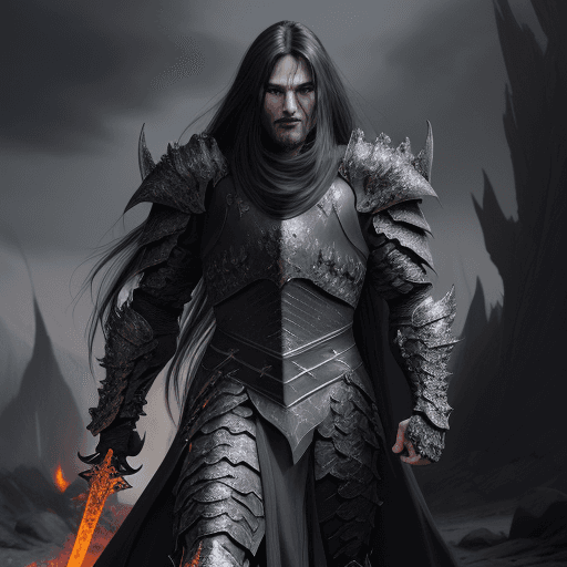 AI generated: Realistic men with black scary armor, Holding fire Sword, human face, long hair, perfectly detailed ...