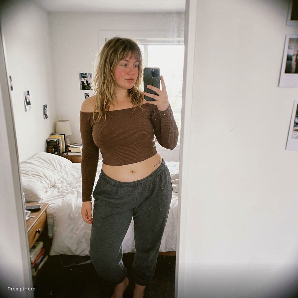 AI generated: A casual mirror selfie taken on a smartphone in a bedroom, showing a young woman with a soft, curvy ...