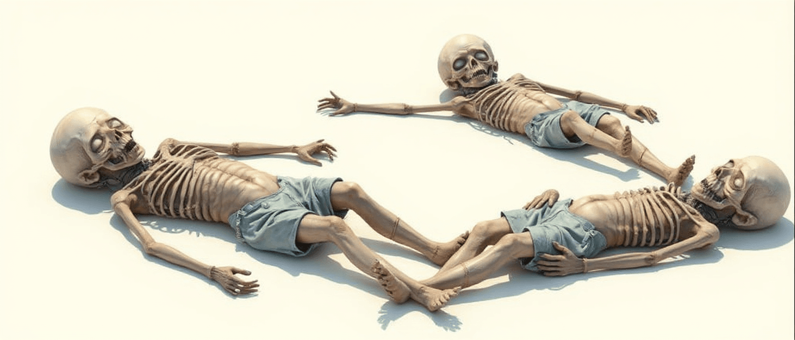 AI generated: Ultra-realistic, emaciated, very pale white alien beings, around 2 to 4 feet long, lying on a stark ...