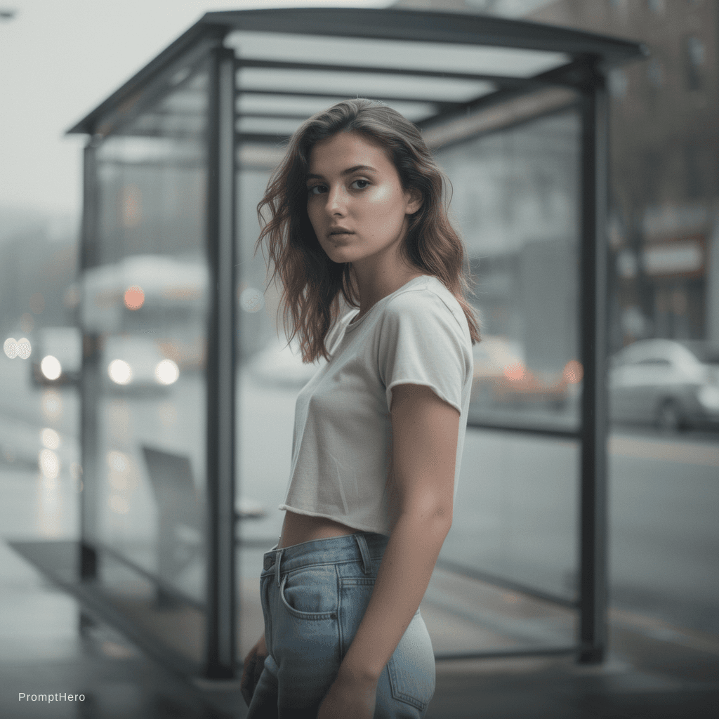 AI generated: a woman wearing a cropped top and jeans standing in front of the bus stop, in the style of Oleg Opri...