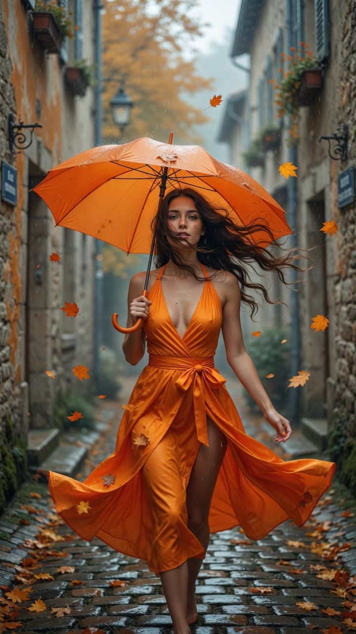 AI generated: A stunning young woman with long, flowing wavy dark brown hair caught in the wind, walking gracefull...