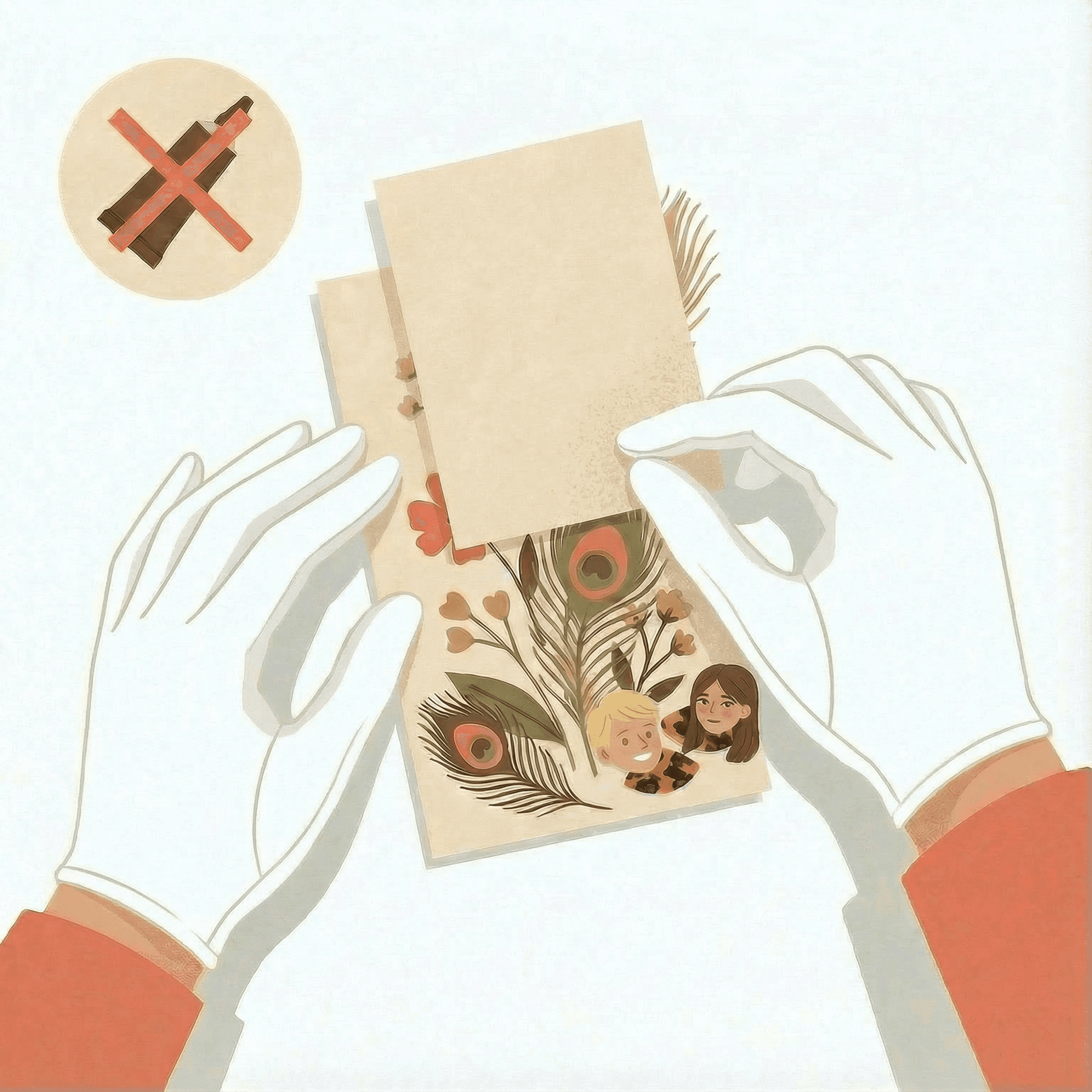 AI generated: flat vector illustration of masculine hands wearing white gloves delicately placing a blank card on ...