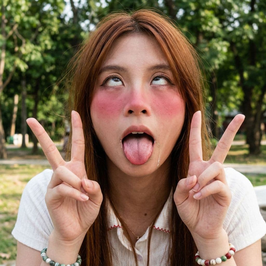 AI generated: ahegao, rolling eyes, cross-eyed, tongue out, open mouth, heavy blush, drooling, dazed expression, d...