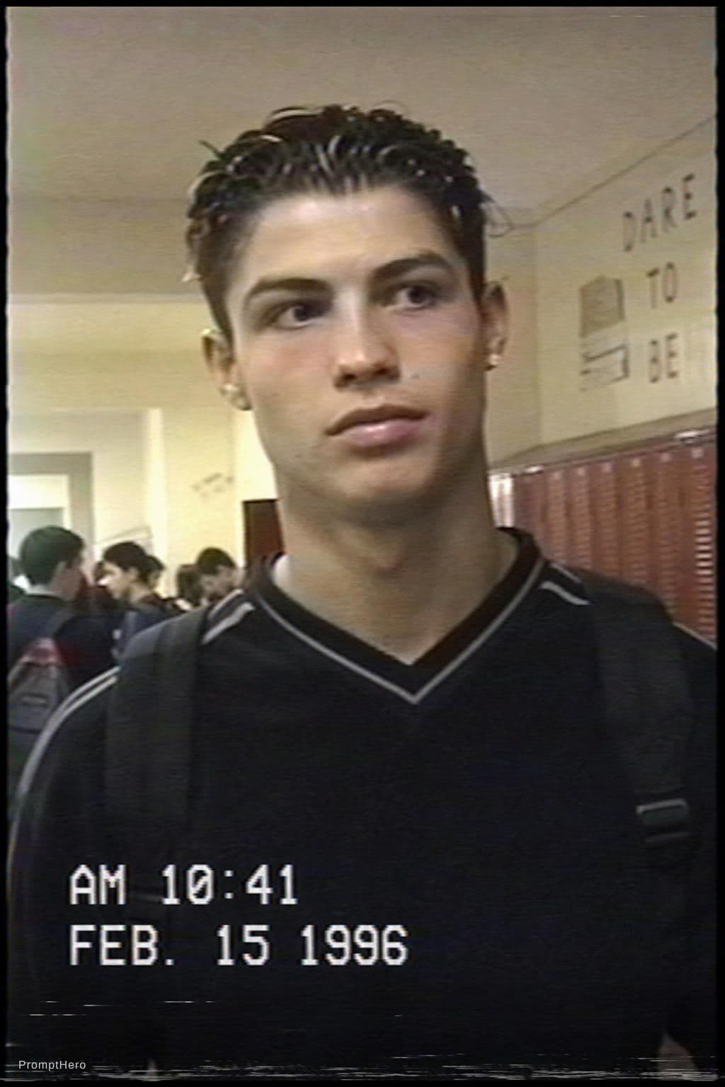 AI generated: Image of Cristiano Ronaldo from a VHS camcorder recorder in a highschool in Feb of 1996. Same grain ...