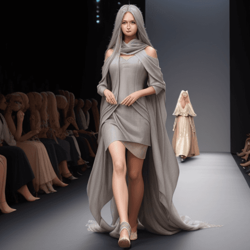 AI generated: Long gray linen hair shawl, catwalk catwalk, wearing a dress, the front skirt is in the shape of an ...