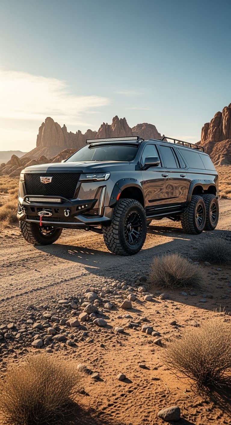 AI generated: wide angle, super detailed, crisp, sharp, in focus, realistic: 2025 cadillac escalade v 6x6
