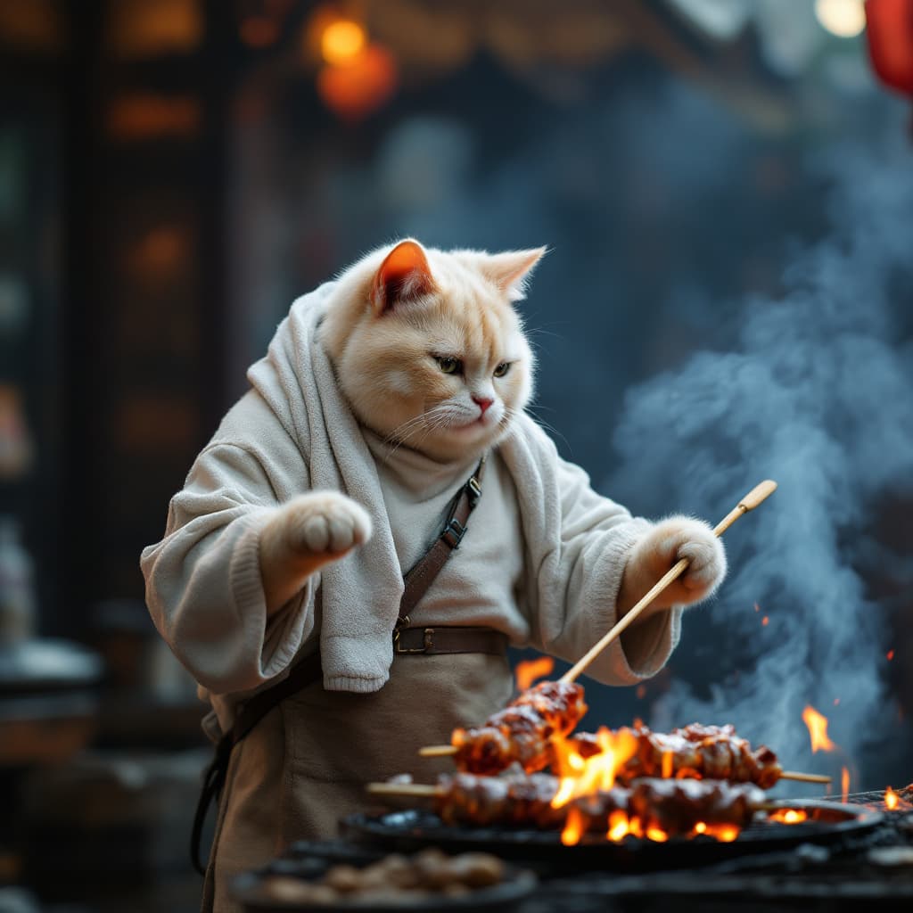 AI generated: Dramatic photo, panorama, full body, anthropomorphic real cute creamy cat, wearing old white sweatsh...