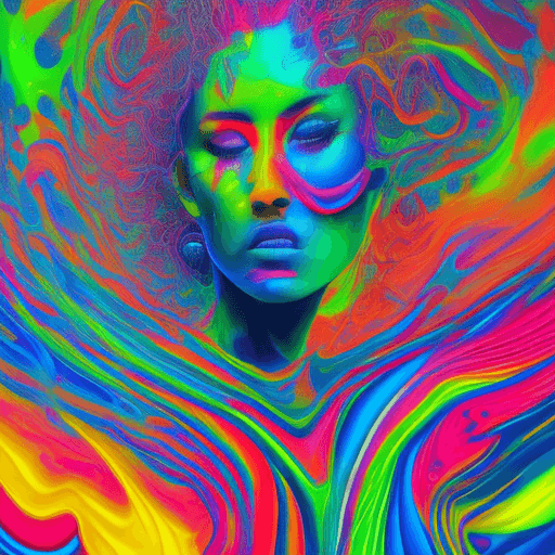 AI generated: psychedelic liquid painting, neon woman colors, green, blue cobalt, ruby red, orange, yellow, pink, ...