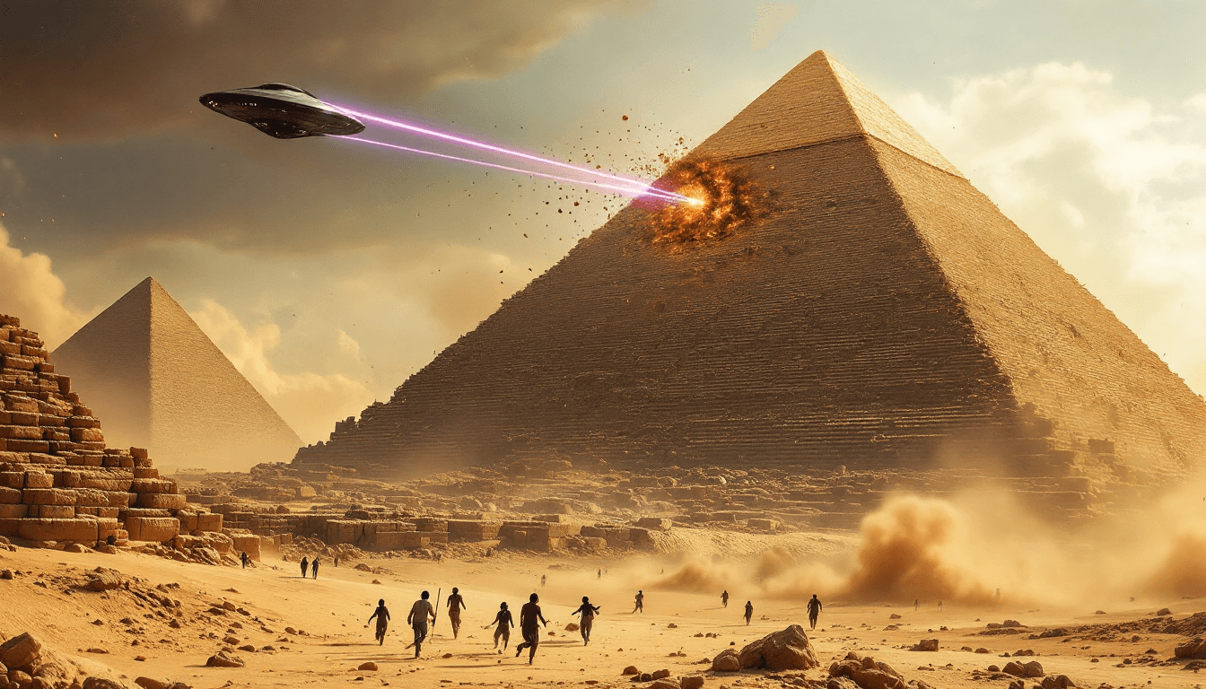 AI generated: An (8K) (photorealistic) (masterpiece) image of a thin, triangle, black UFO shooting purple lasers a...